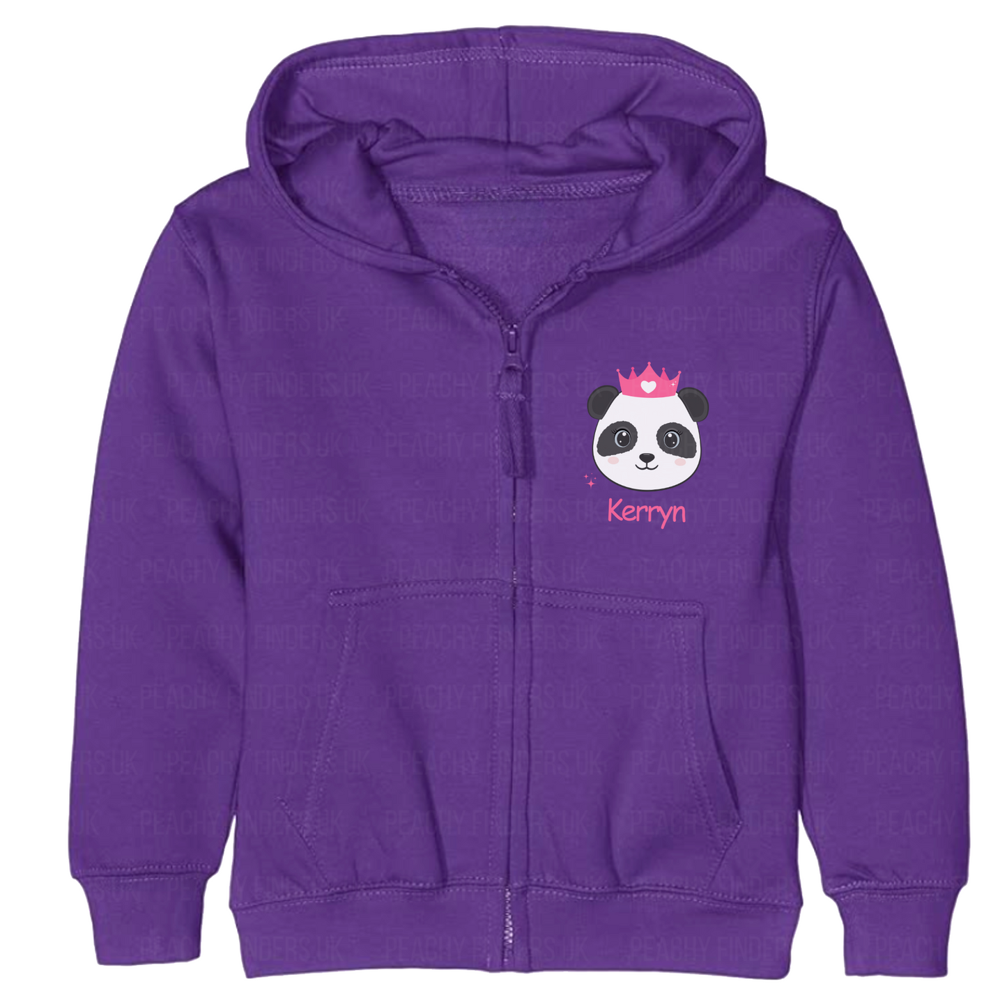 Purple hoodie with a panda design and text on a white background