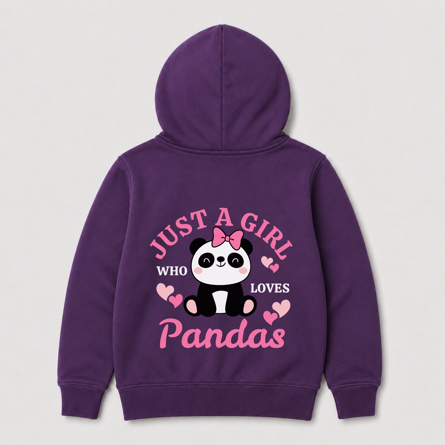 A purple kidss hoodie shown from the back, featuring a cute cartoon panda wearing a pink bow with the text 'JUST A GIRL WHO LOVES Pandas' in pink and white, set against a light grey background.