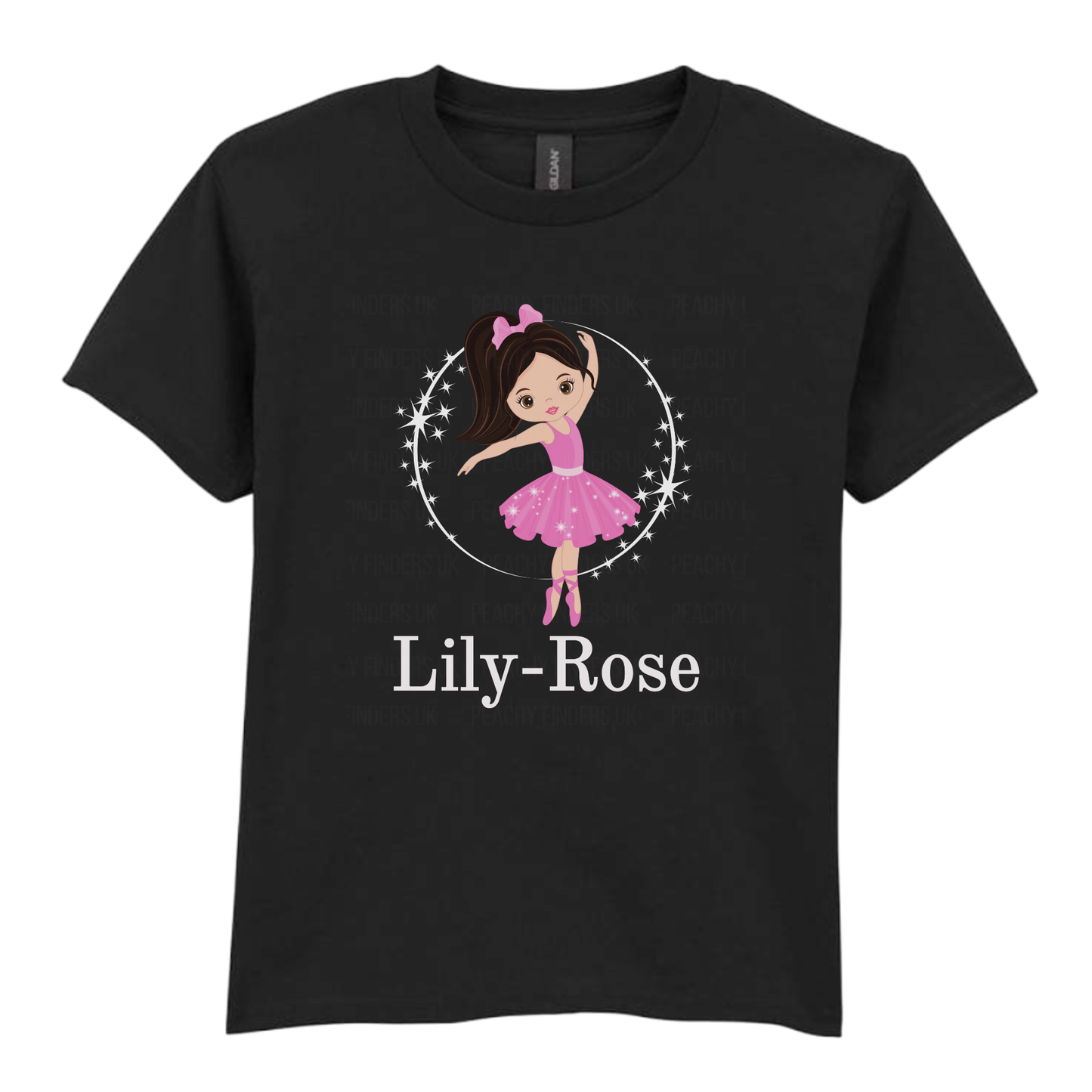 Girls black personalised ballerina t-shirt with pink tutu design and custom name printed below.