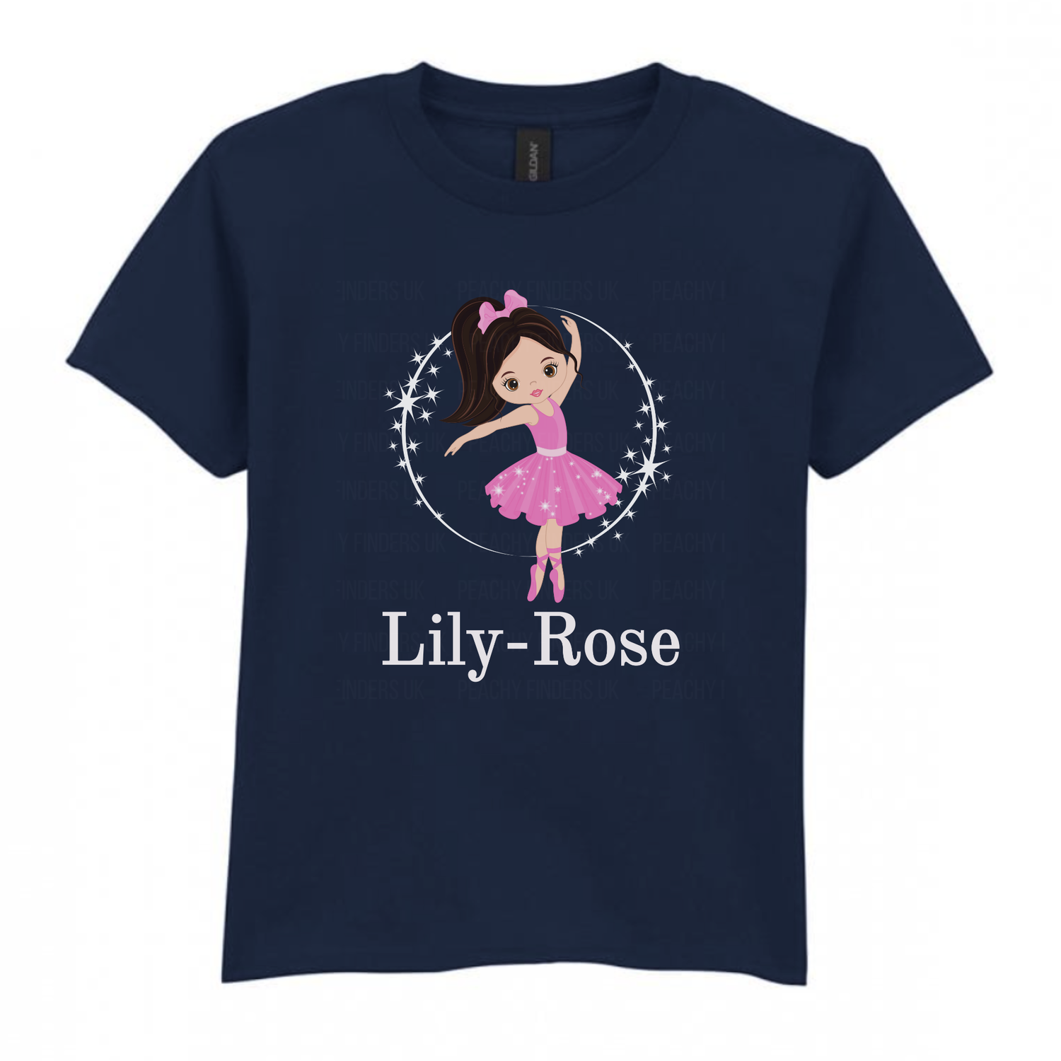 Girls navy personalised ballerina t-shirt with pink tutu design and custom name printed below.