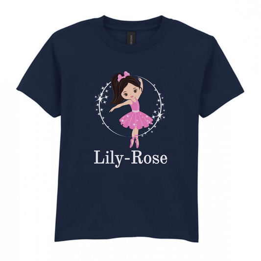 Girls navy personalised ballerina t-shirt with pink tutu design and custom name printed below.