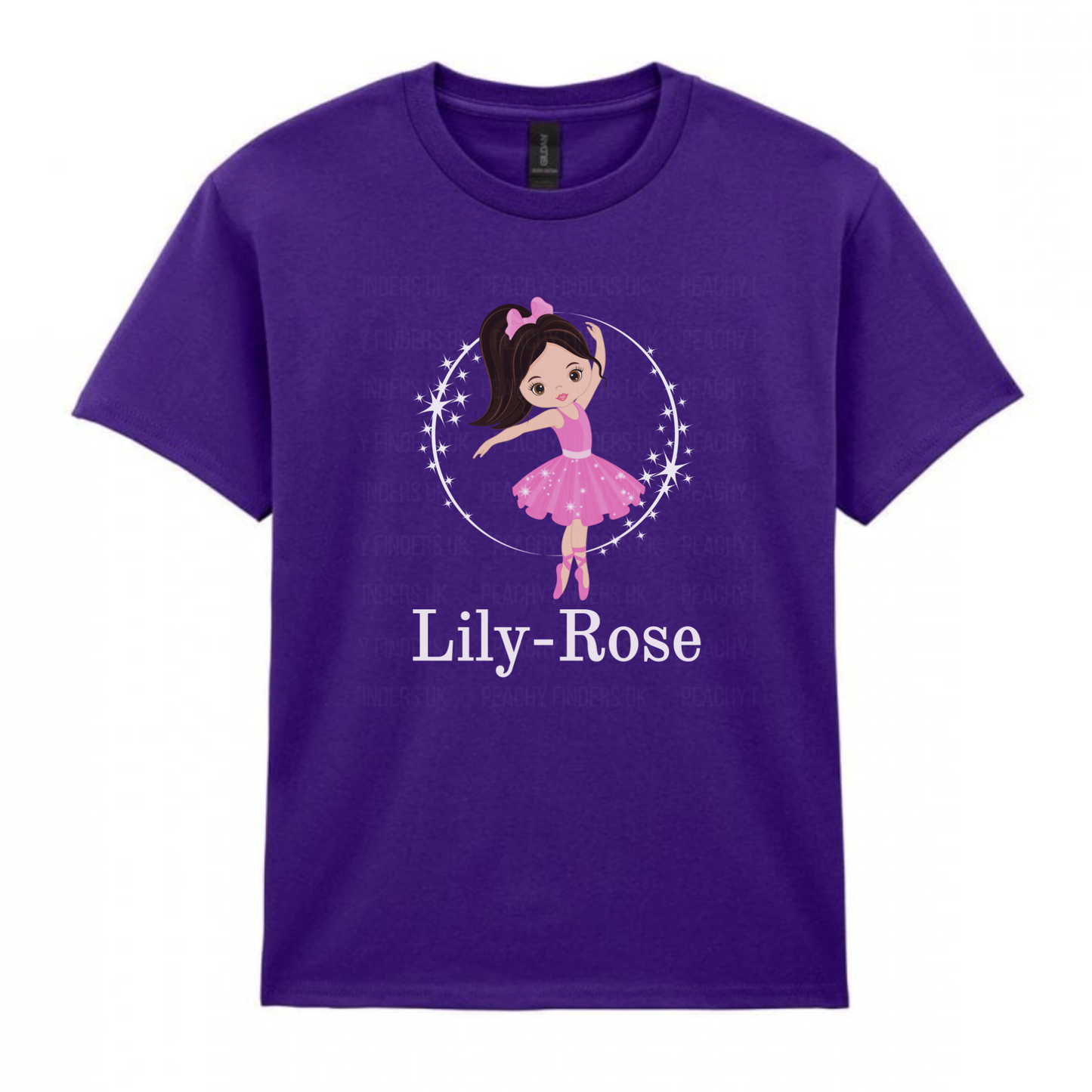 Girls purple personalised ballerina t-shirt with pink tutu design and custom name printed below.