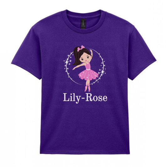 Girls purple personalised ballerina t-shirt with pink tutu design and custom name printed below.
