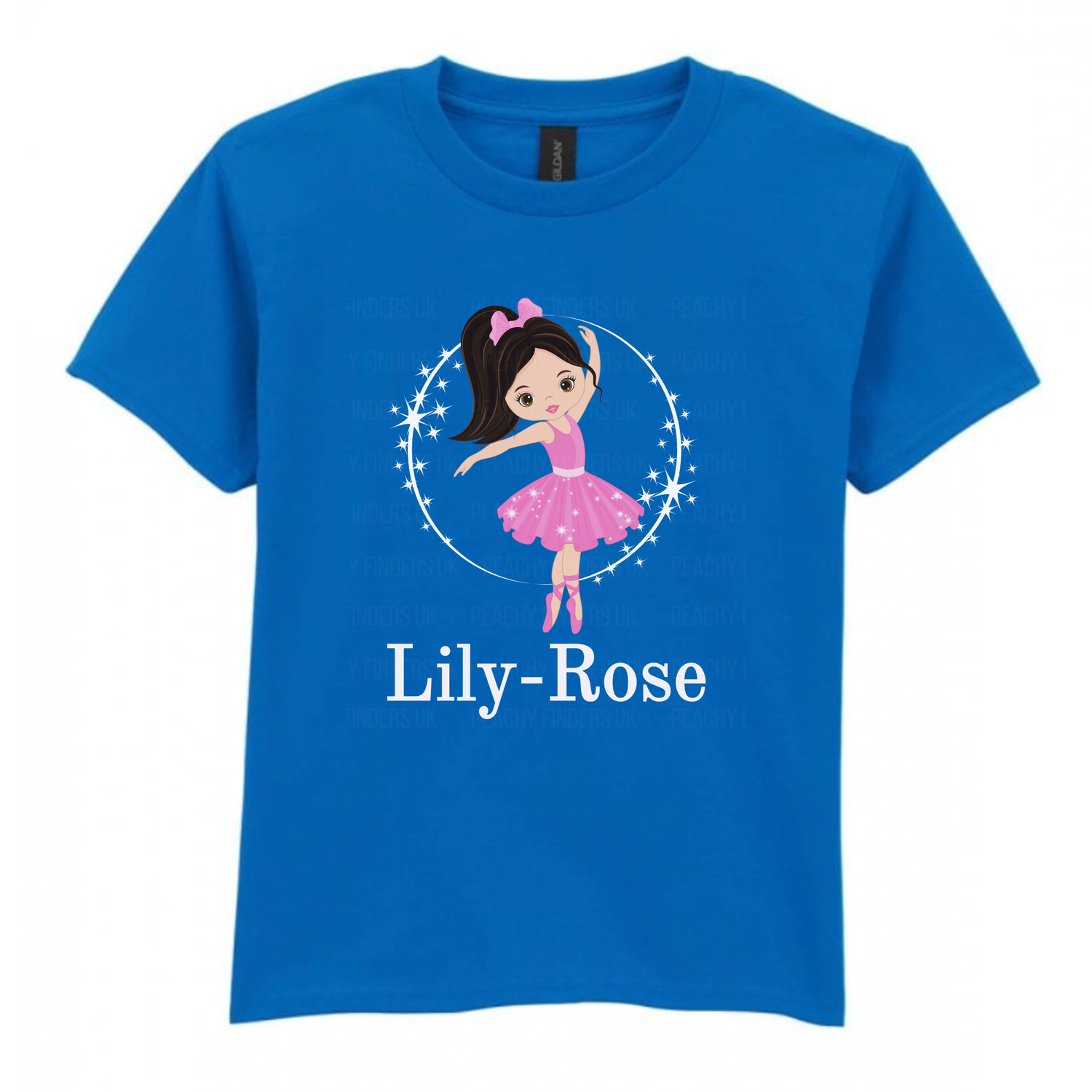 Girls royal blue personalised ballerina t-shirt with pink tutu design and custom name printed below.