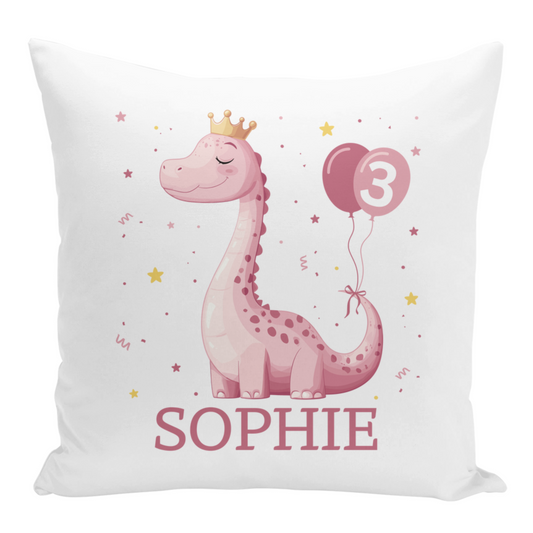 Girls cushion cover with a pink dinosaur wearing a crown, holding pink balloons, and personalised with the name "Emily" – perfect for girls birthday gifts or bedroom décor.