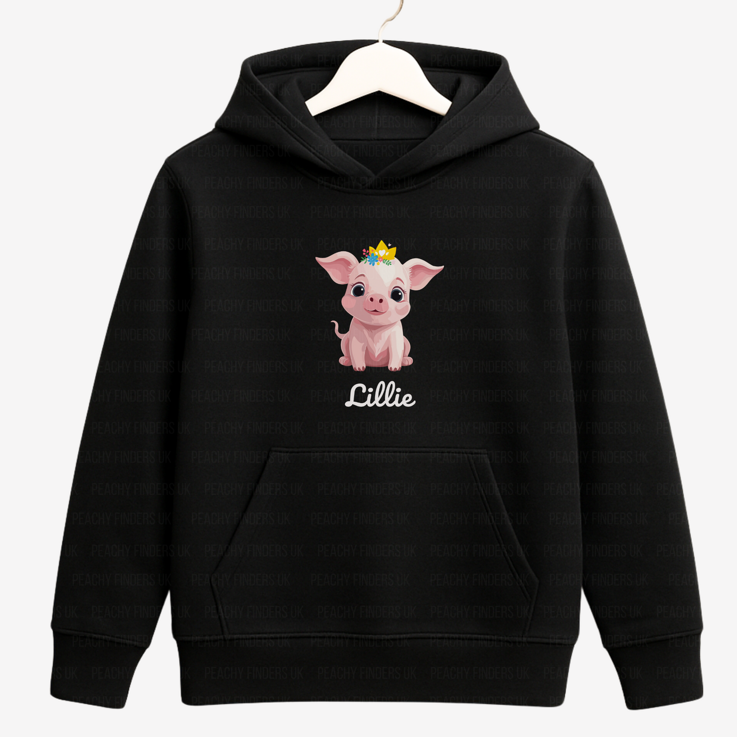 Black hoodie with a cartoon pig design and 'Lillie' text on a white background