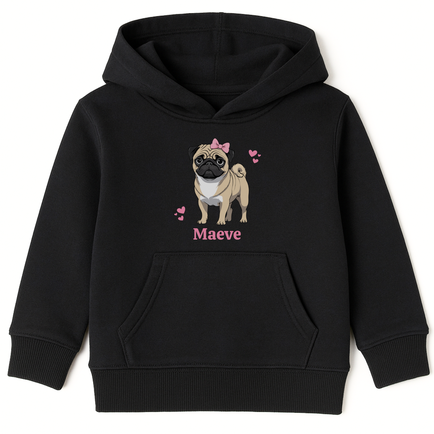 Girls black pullover hoodie featuring a pug design with a pink bow, hearts, and a custom name printed underneath. 