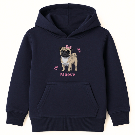 Girls navy pullover hoodie featuring a pug design with a pink bow, hearts, and a custom name printed underneath.