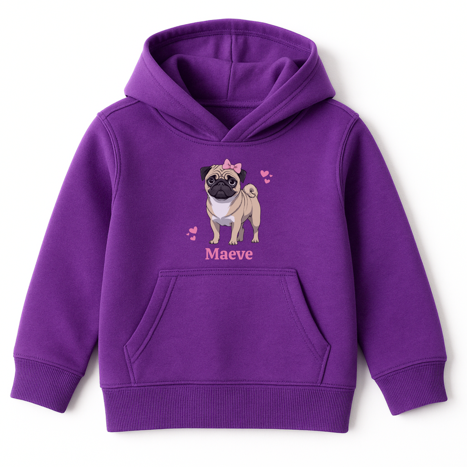 Girls purple pullover hoodie featuring a pug design with a pink bow, hearts, and ta custom name printed underneath. 