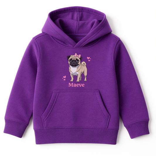 Girls purple pullover hoodie featuring a pug design with a pink bow, hearts, and ta custom name printed underneath. 