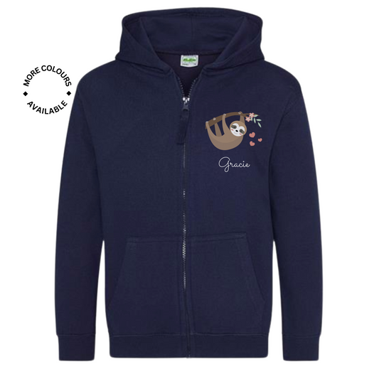 Girls Personalised Sloth Full Zip Hoodie | 3 - 13 years