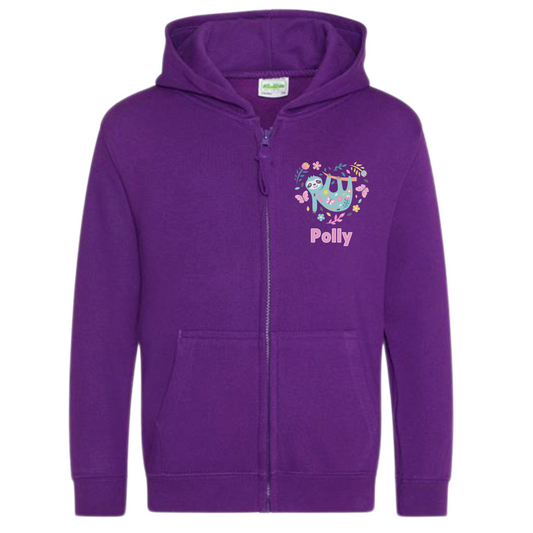 Girls Personalised Sloth Heart Full Zip Hoodie | 3 - 13 years