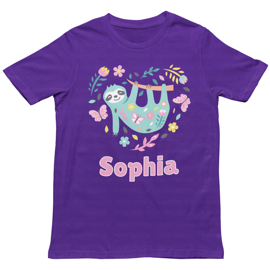 Girls Personalised Sloth Heart T-shirt | 3 - 13 years