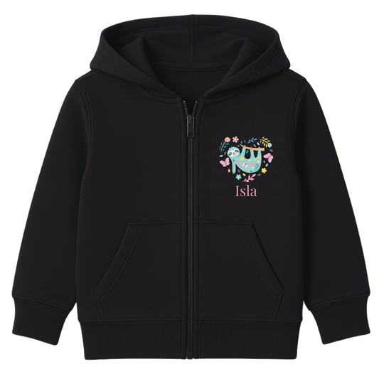 Kids girls zip hoodie with cute sloth surrounded by flowers and butterflies forming a heart shape, personalised with child’s name, displayed on white background.