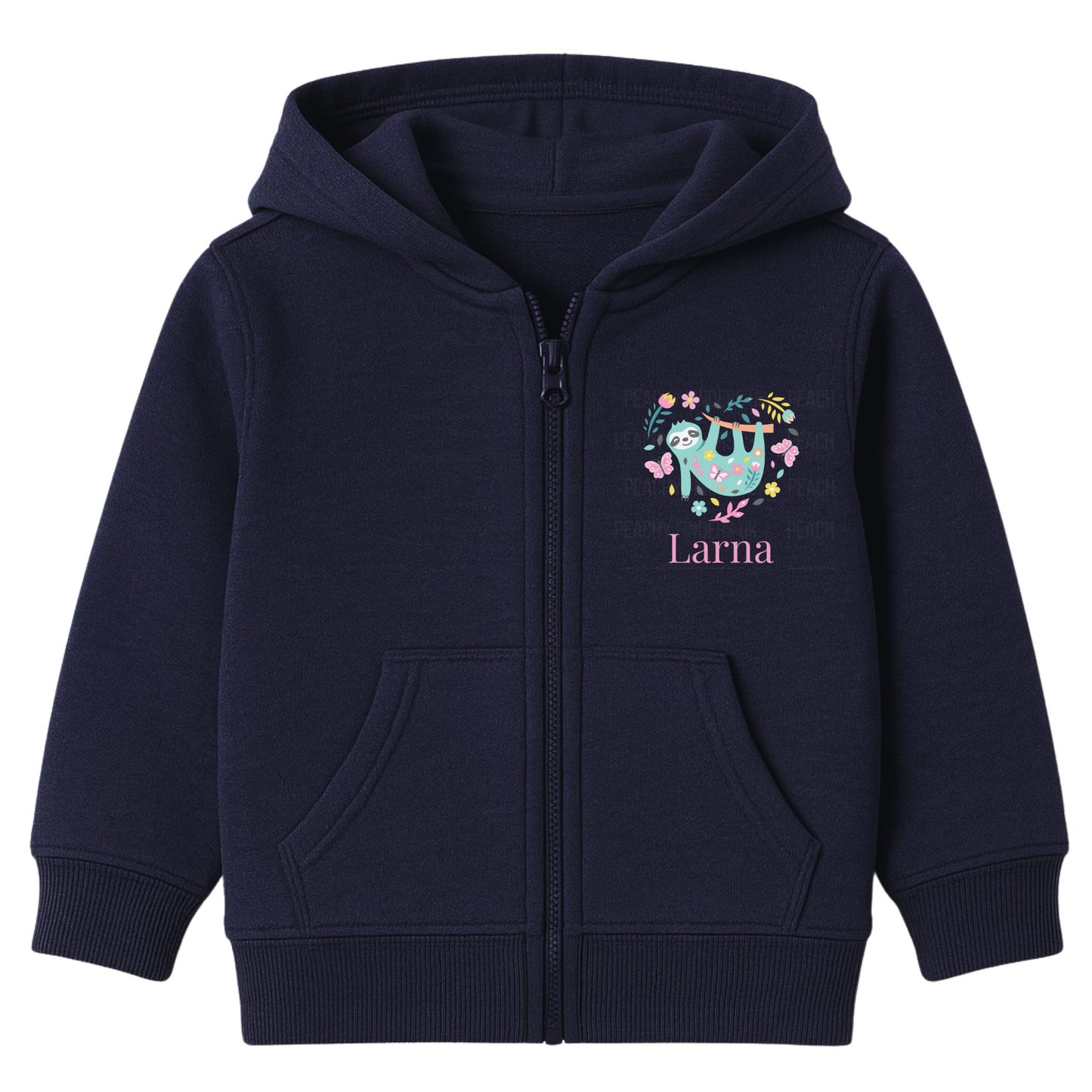 Navy kids zip hoodie with cute sloth surrounded by flowers and butterflies forming a heart shape, personalised with child’s name, displayed on white background.