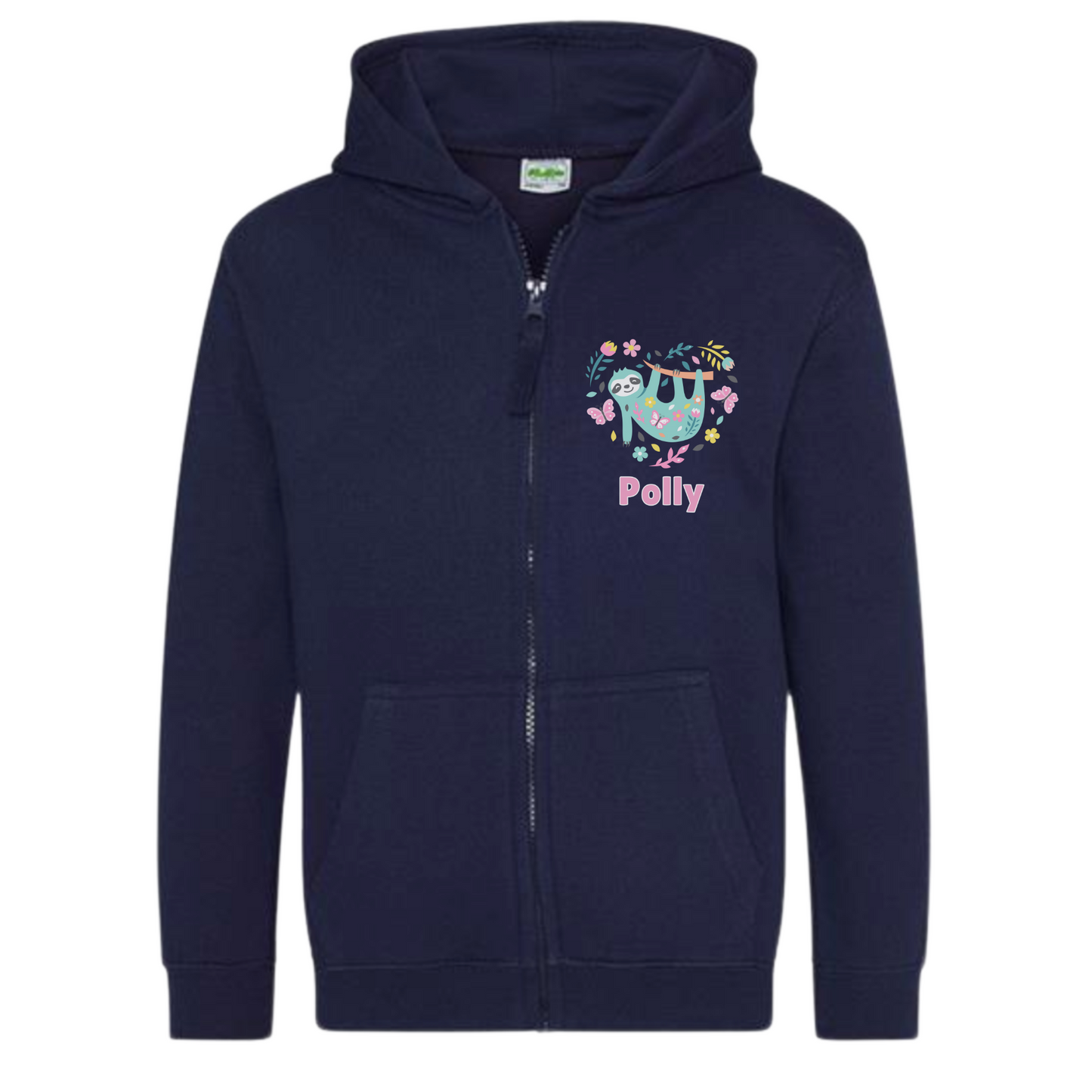 Girls Personalised Sloth Heart Full Zip Hoodie | 3 - 13 years