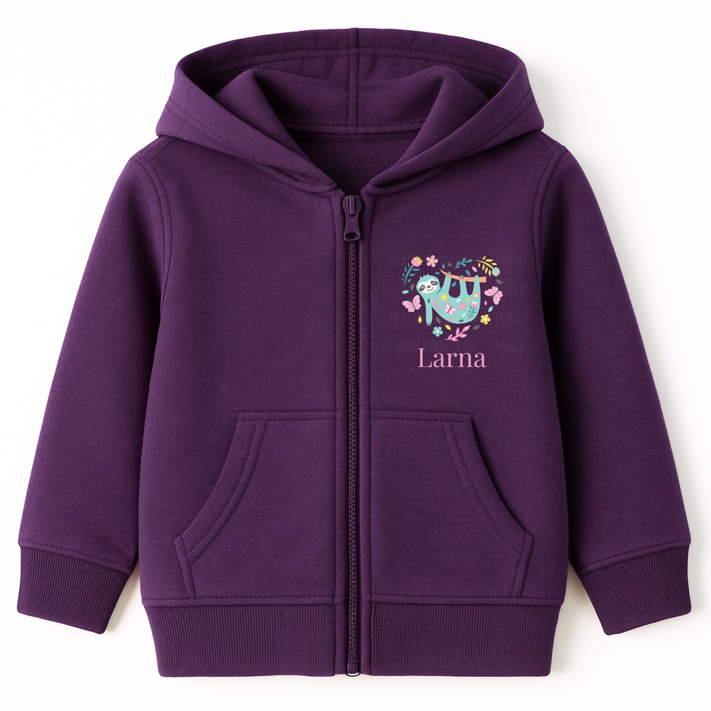 Purple kids zip hoodie with cute sloth surrounded by flowers and butterflies forming a heart shape, personalised with child’s name, displayed on white background.