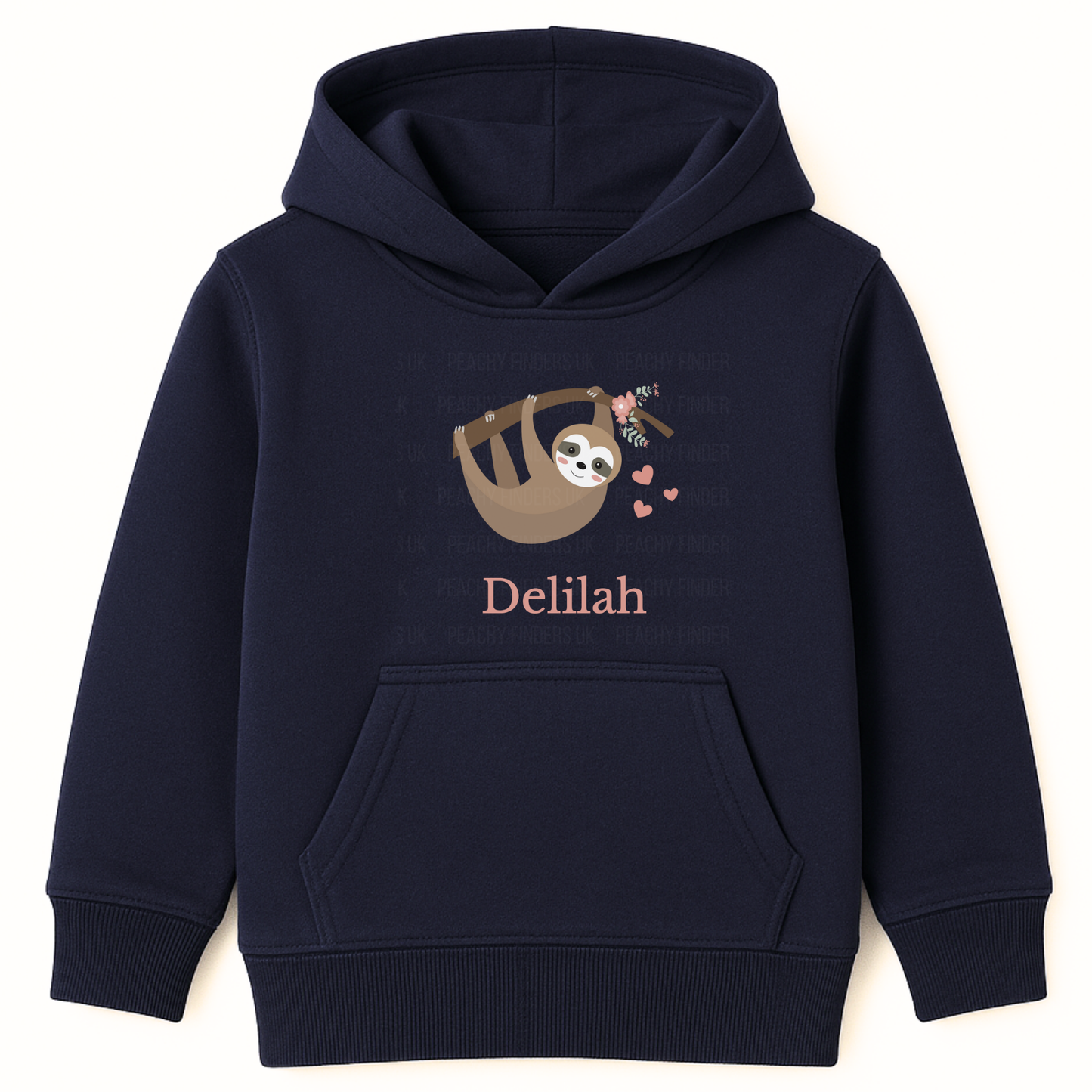 Navy blue personalised sloth hoodie for girls featuring cute sloth graphic and custom name
