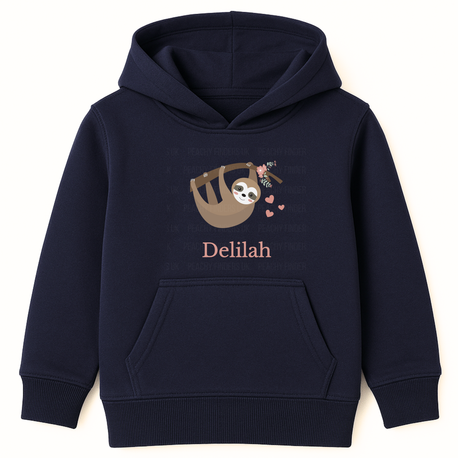 Navy blue personalised sloth hoodie for girls featuring cute sloth graphic and custom name