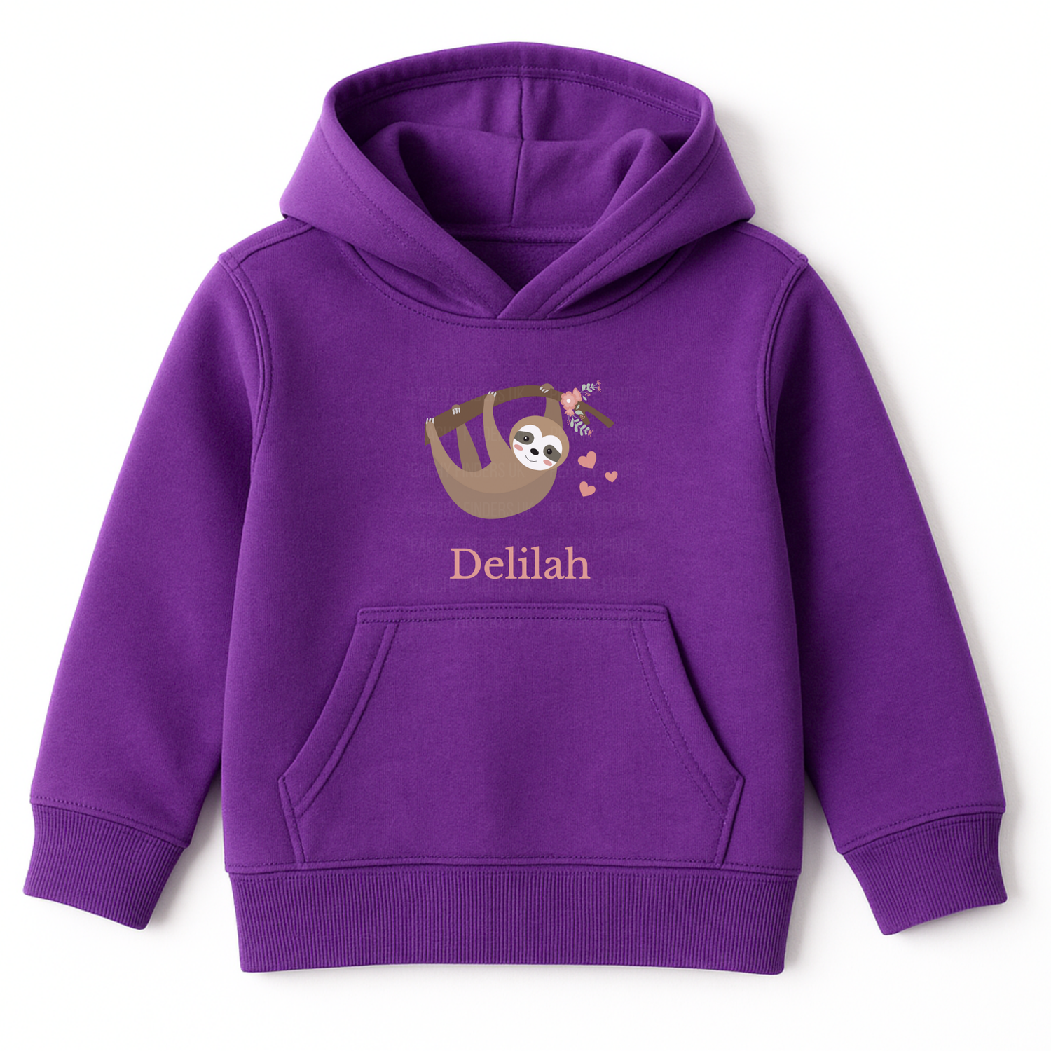 Purple personalised girls sloth hoodie with hanging sloth illustration and hearts