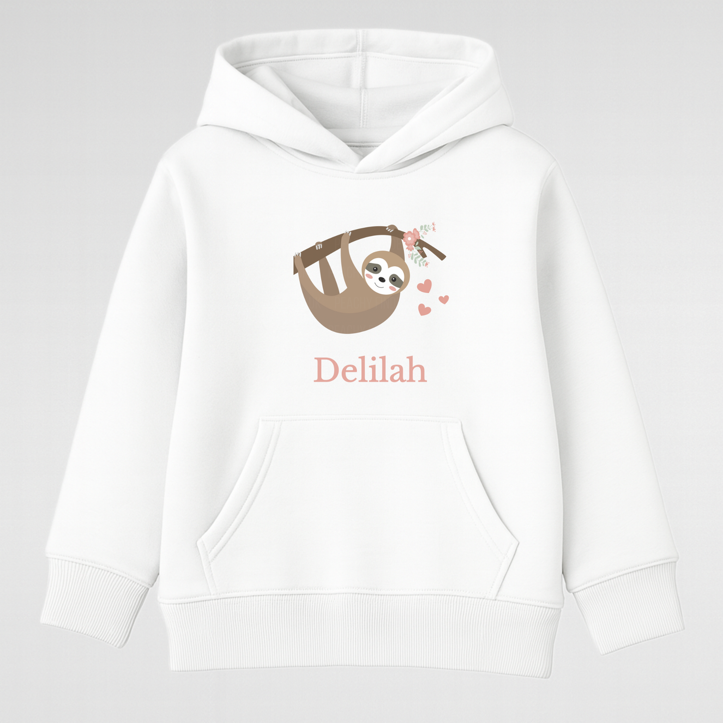 White personalised sloth hoodie for girls with cute sloth design and custom name