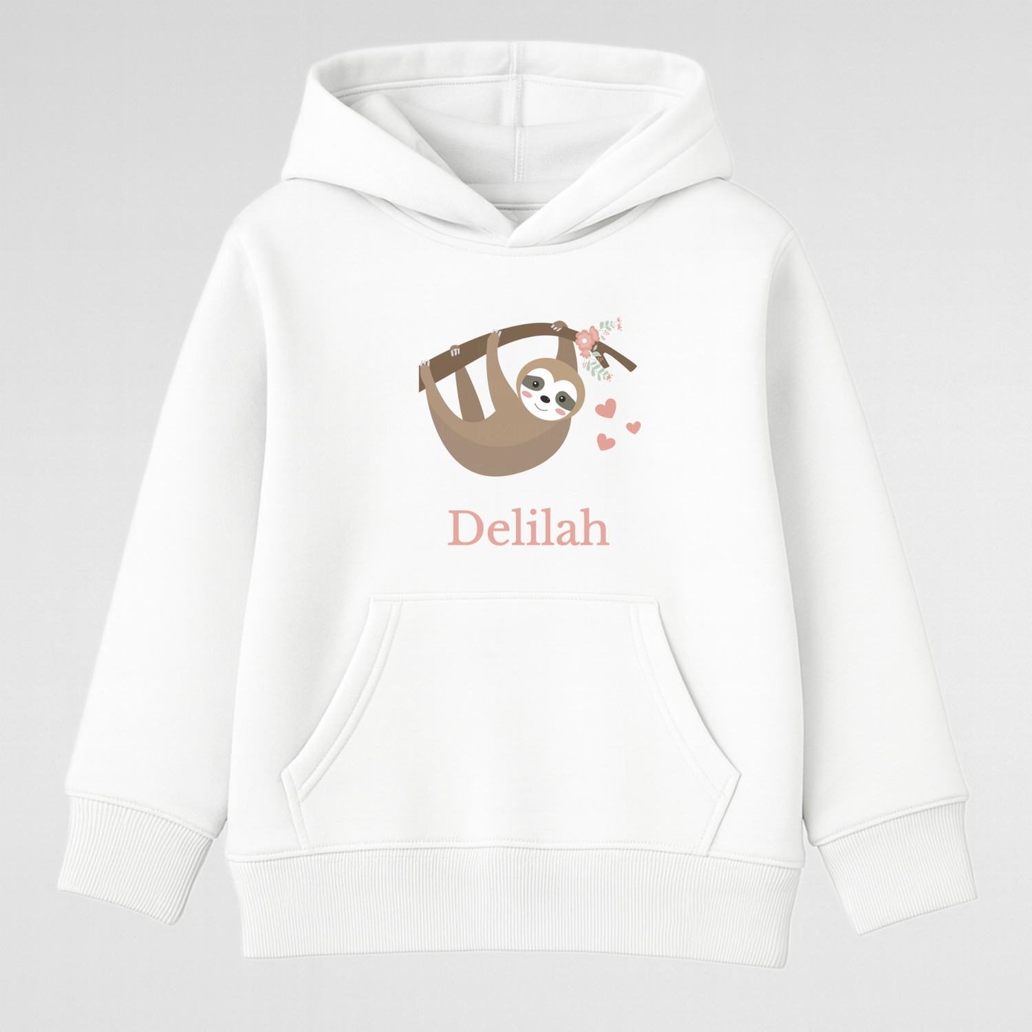White personalised sloth hoodie for girls with cute sloth design and custom name