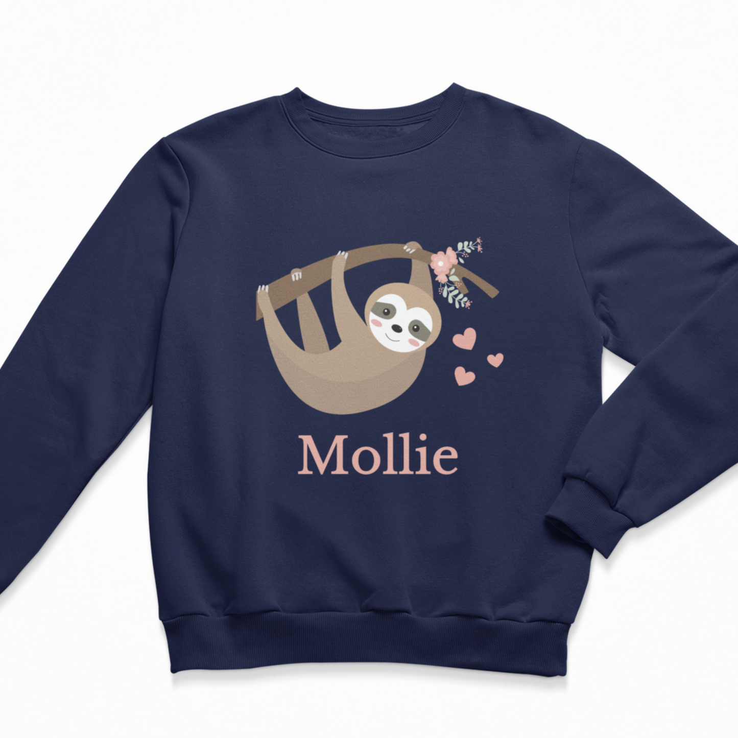 A kids navy blue crewneck sweatshirt featuring a cartoon sloth hanging from a branch with pink hearts and the name 'Mollie' printed below in pink, displayed on a clean white background.