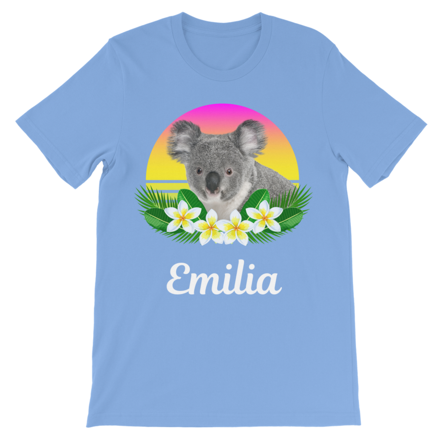 Kids light blue personalised kids t-shirt featuring tropical koala graphic and custom name