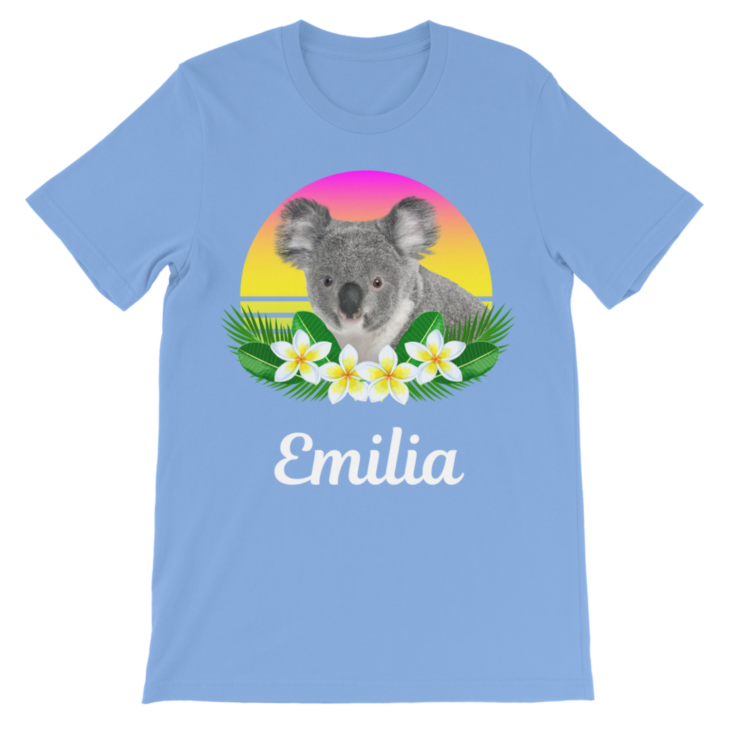 Kids light blue personalised kids t-shirt featuring tropical koala graphic and custom name