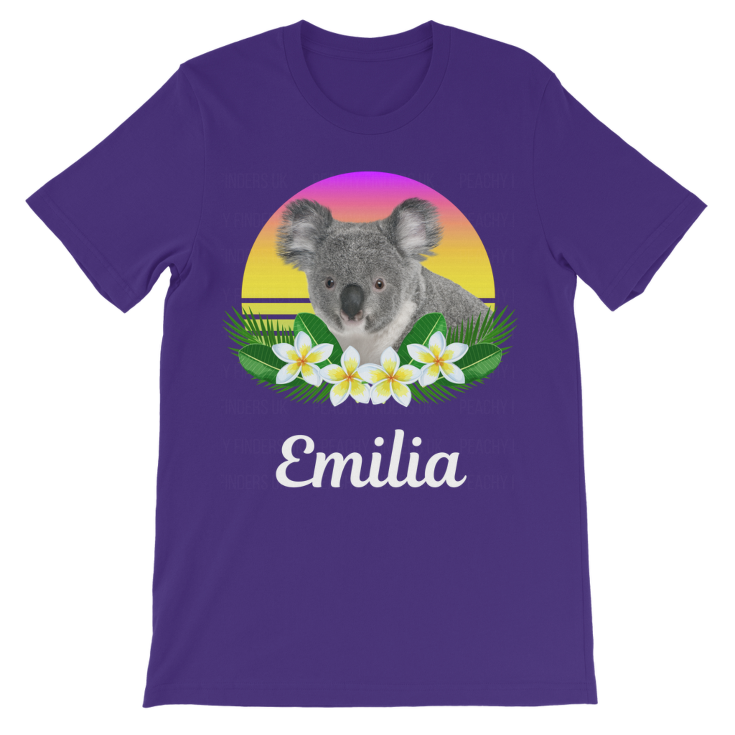 Girls purple personalised kids t-shirt with tropical koala sunset design and custom name print.