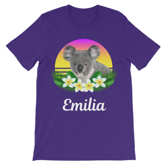 Girls purple personalised kids t-shirt with tropical koala sunset design and custom name print.