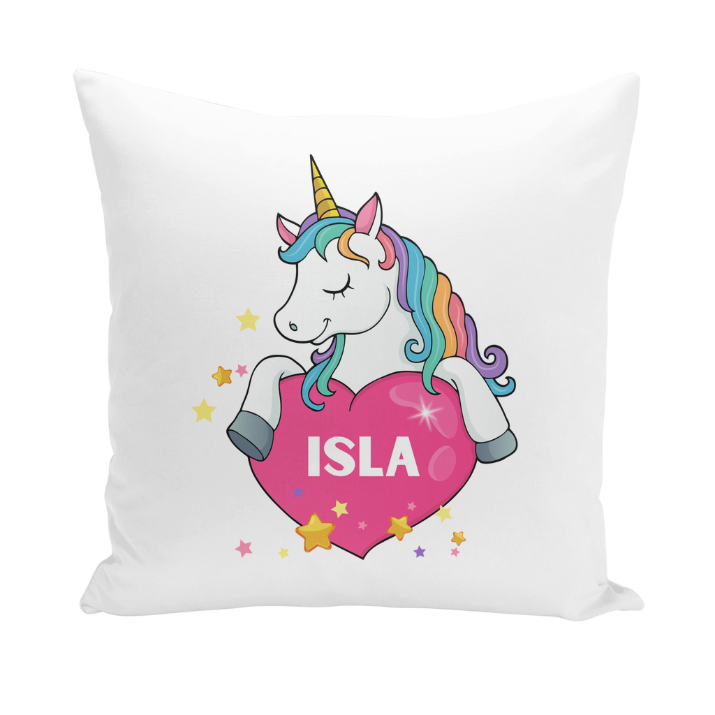 A square white throw pillow featuring a colorful cartoon unicorn with a gold horn and rainbow mane, holding a pink heart with the name 'ISLA' printed on it, against a plain white background.