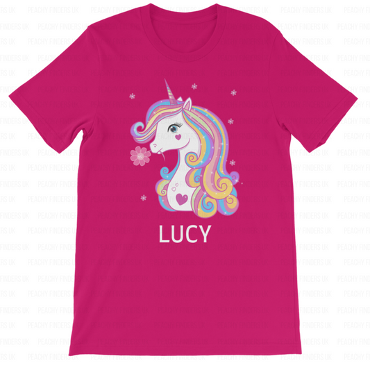 Girls hot pink t-shirt featuring a unicorn in with rainbow hair and pink flowers with custom name underneath graphic.