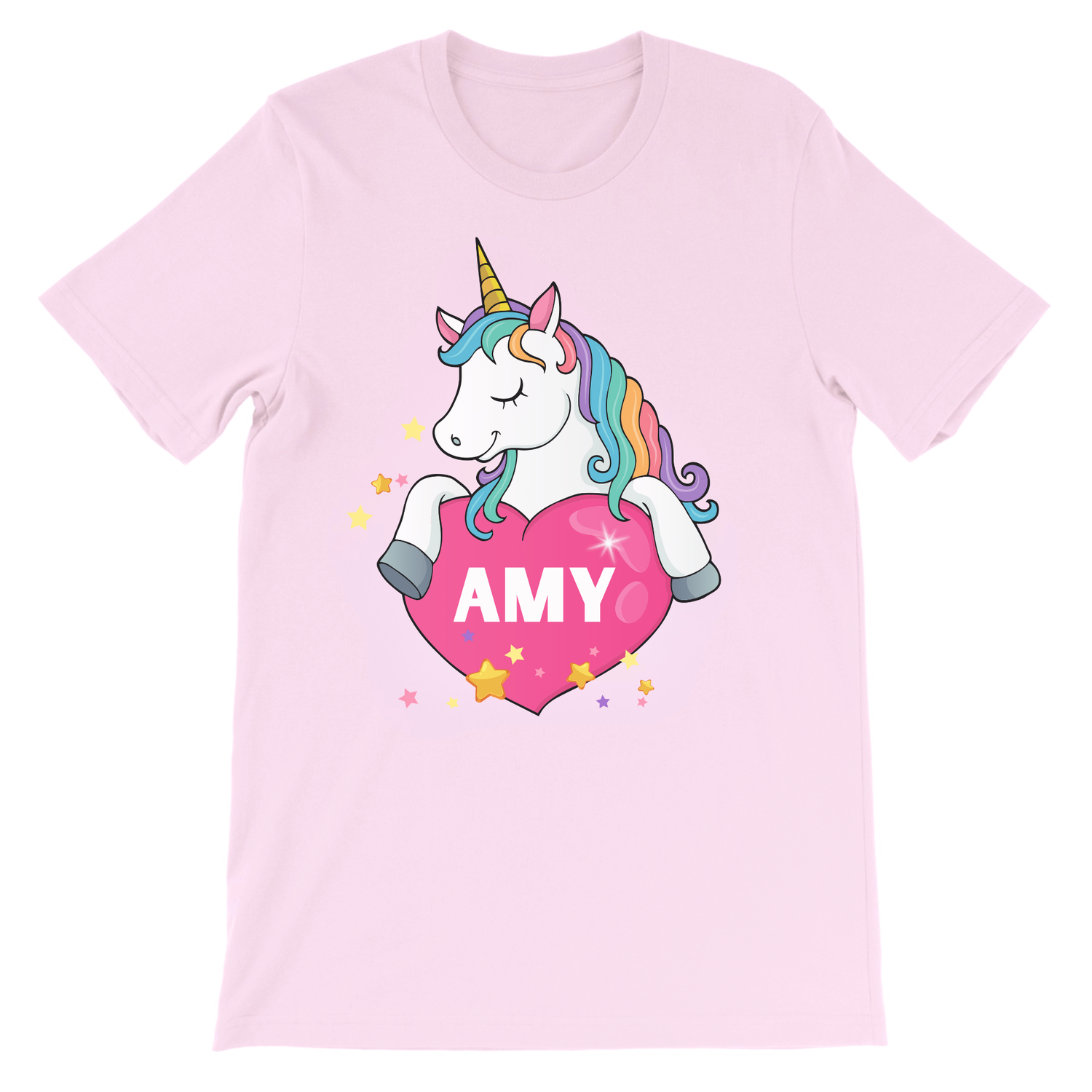 Girls light pink short sleeve t-shirt with a unicorn holding a heart and the name 'Amy' on a white background