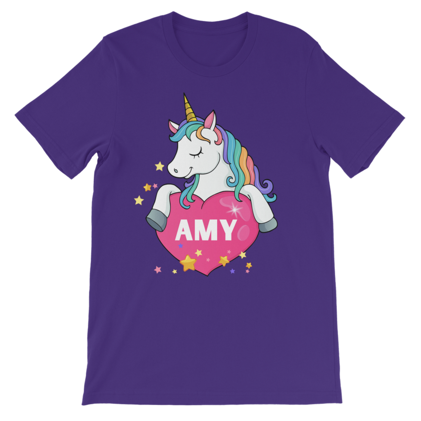 Girls purple short sleeve t-shirt with a unicorn holding a heart and the name 'Amy' on a white background
