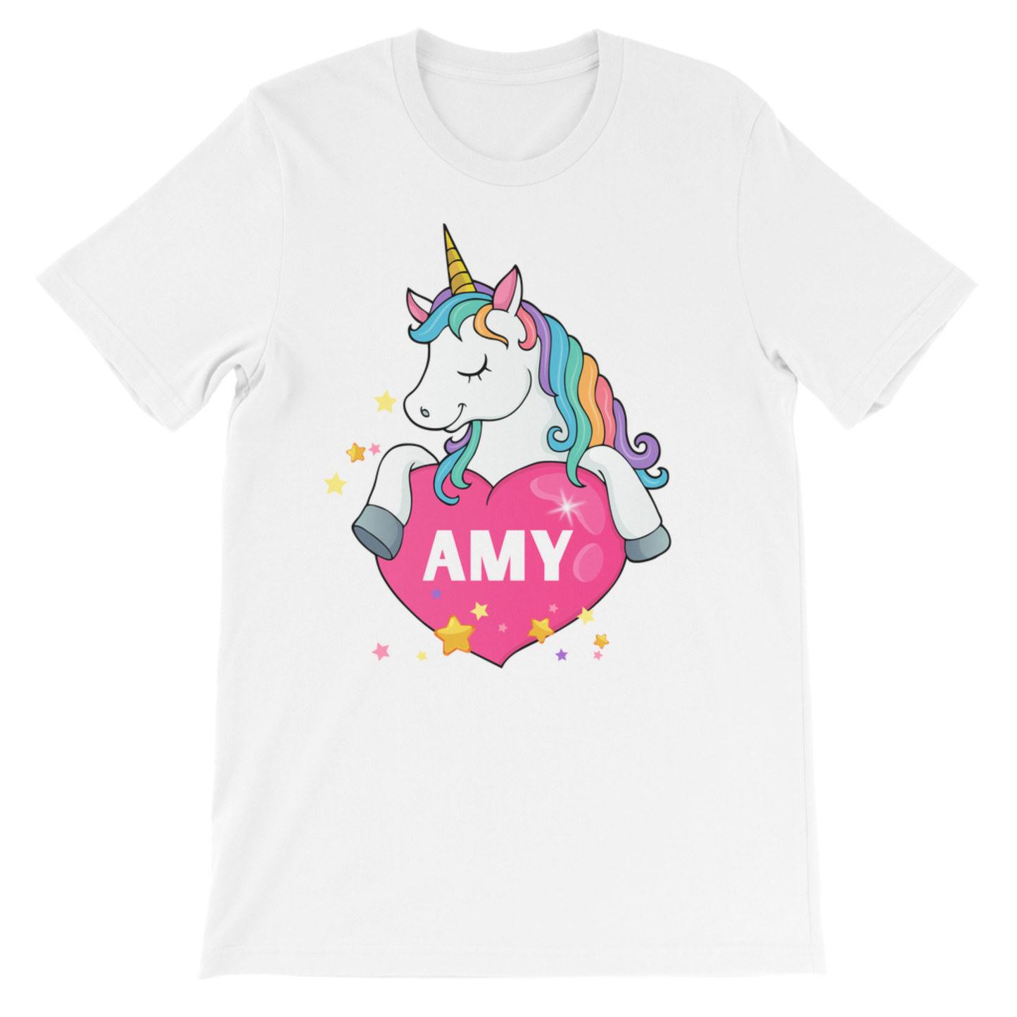 Girls white short sleeve t-shirt with a unicorn holding a heart and the name 'Amy' on a white background