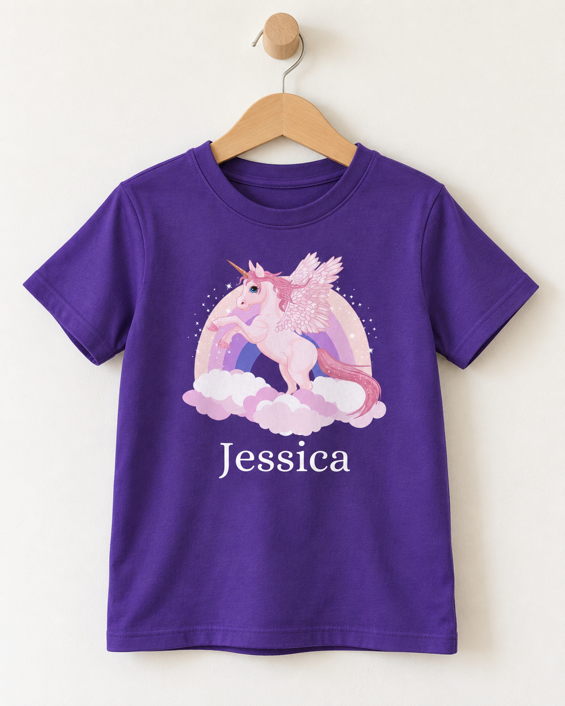 Unicorn Rainbow, Stars and Cloud - Girls Personalised T-shirt (3-13 yrs)