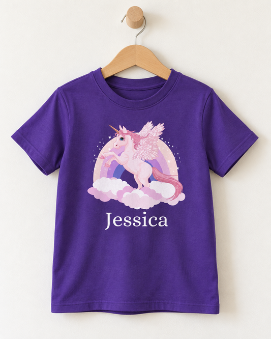 Unicorn Rainbow, Stars and Cloud - Girls Personalised T-shirt (3-13 yrs)