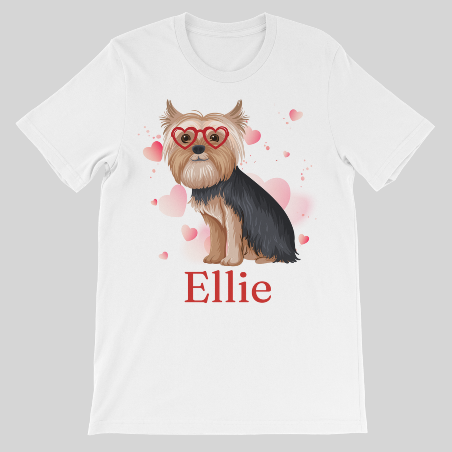 Children’s white cotton t-shirt on a featuring a personalised Yorkshire Terrier design with heart glasses and the name Chloe