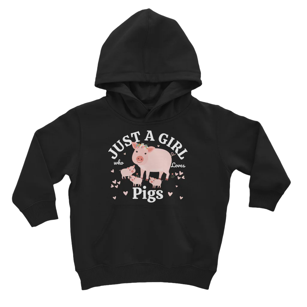 Black hoodie with 'Just a Girl Who Loves Pigs' text and pig graphics on a white background
