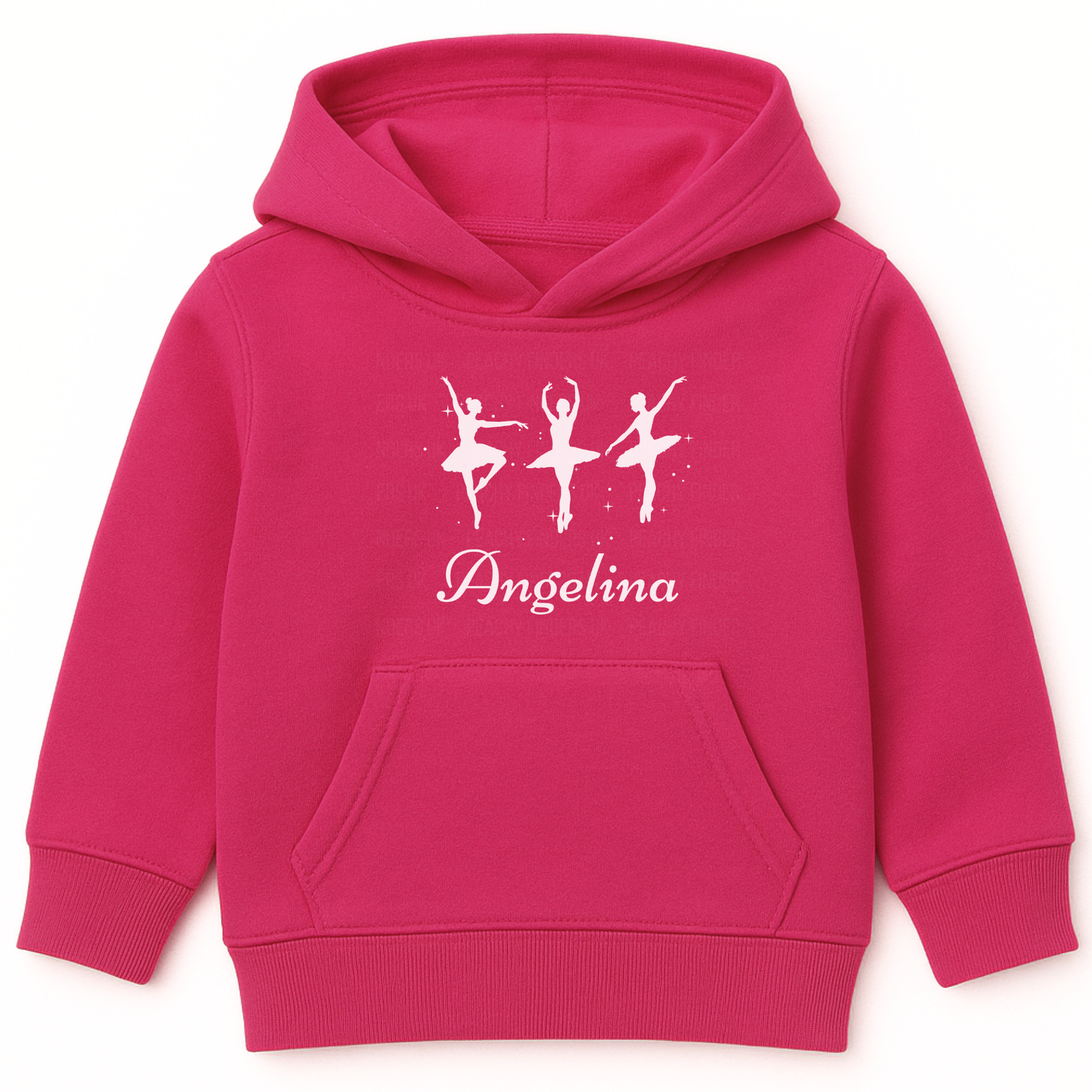 Girls hot pink pullover hoodie featuring three elegant ballerina silhouettes printed on the front, with a custom-name underneath
