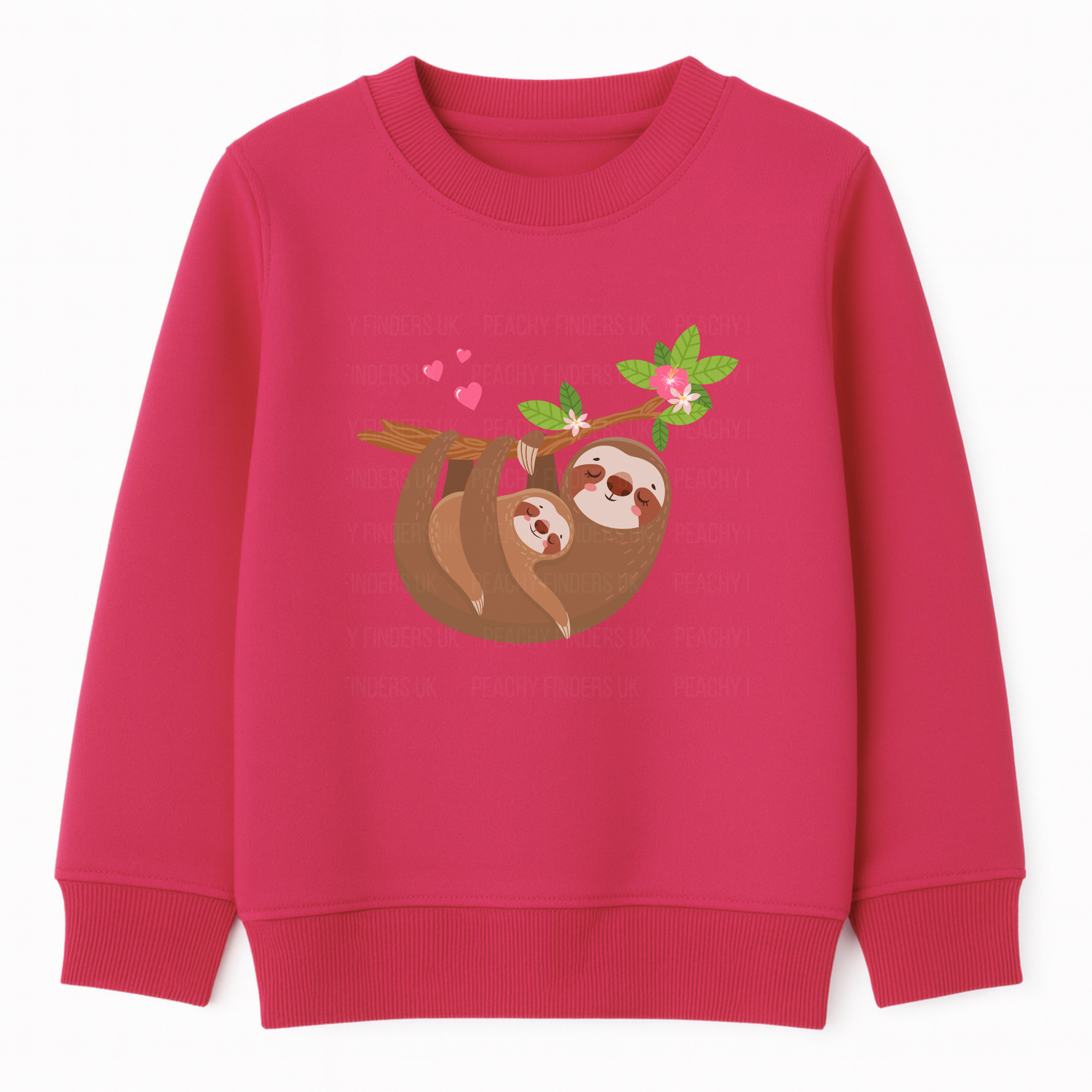 Hot pink girls sweatshirt featuring a cute sloth cuddling a baby sloth on a branch with flowers and hearts.