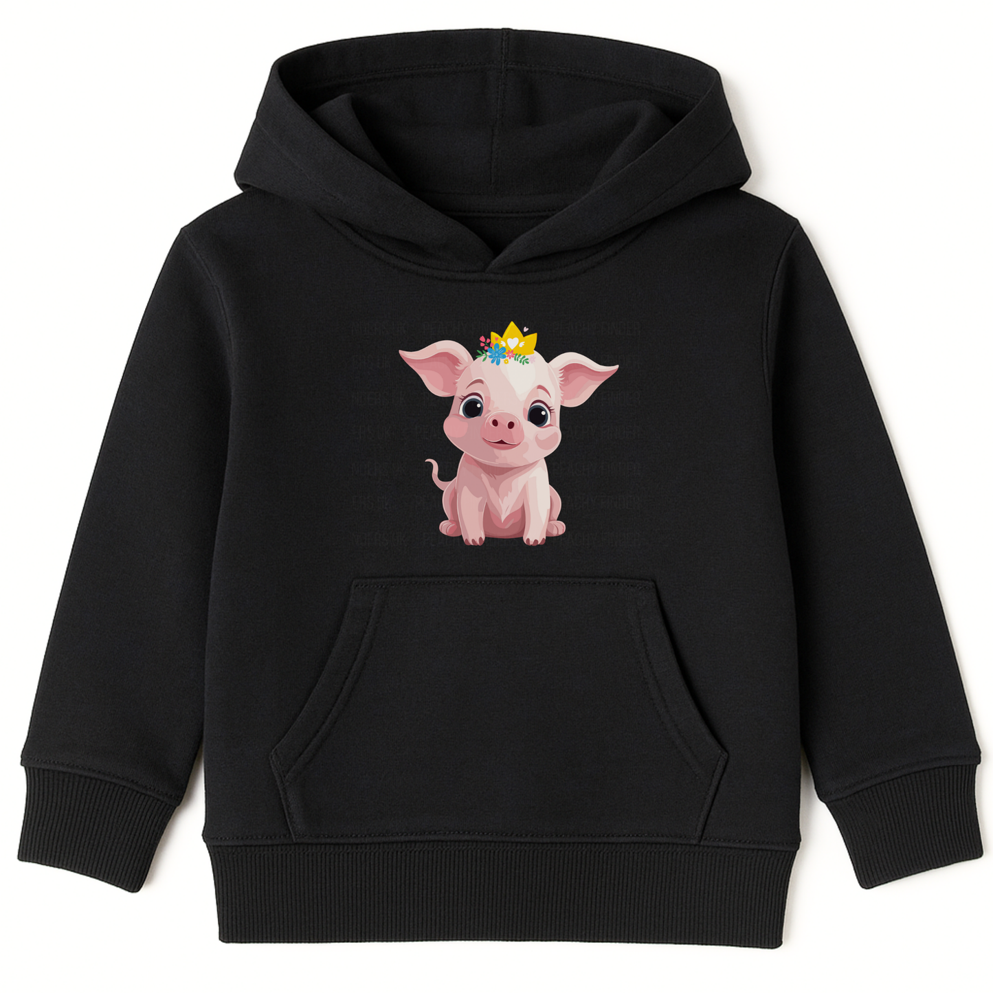 Girls black hoodie featuring a cute cartoon pig with a floral crown and golden tiara printed on the front, displayed on a white background.