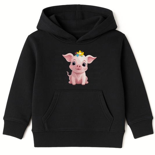 Girls black hoodie featuring a cute cartoon pig with a floral crown and golden tiara printed on the front, displayed on a white background.