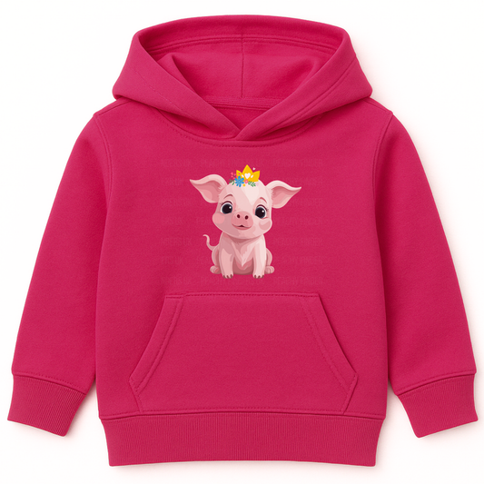 Hot pink girls hoodie featuring a cute cartoon pig with a floral crown and golden tiara printed on the front, displayed on a white background.