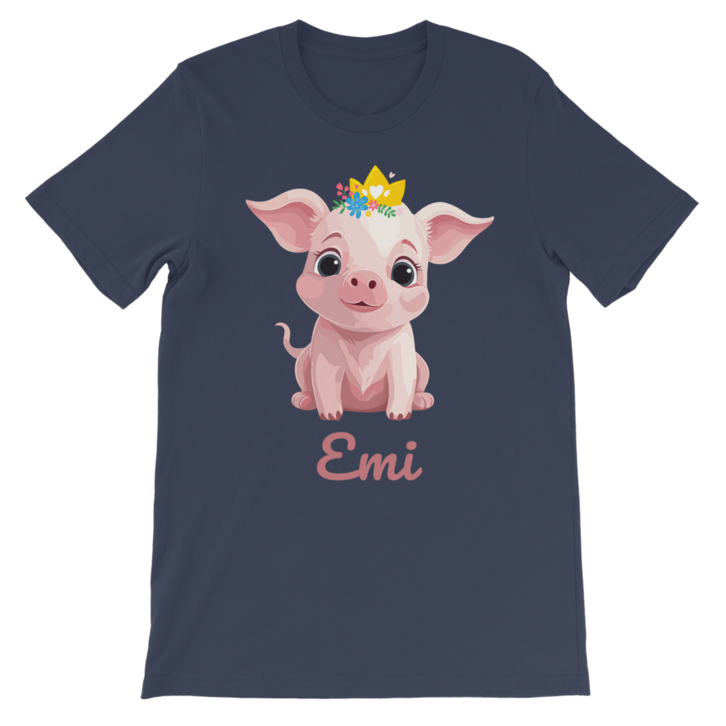 Girls navy cotton short sleeve t-shirt featuring a cute pink pig with a golden crown and flowers, along with the personalised name “Chloe” printed below the design.