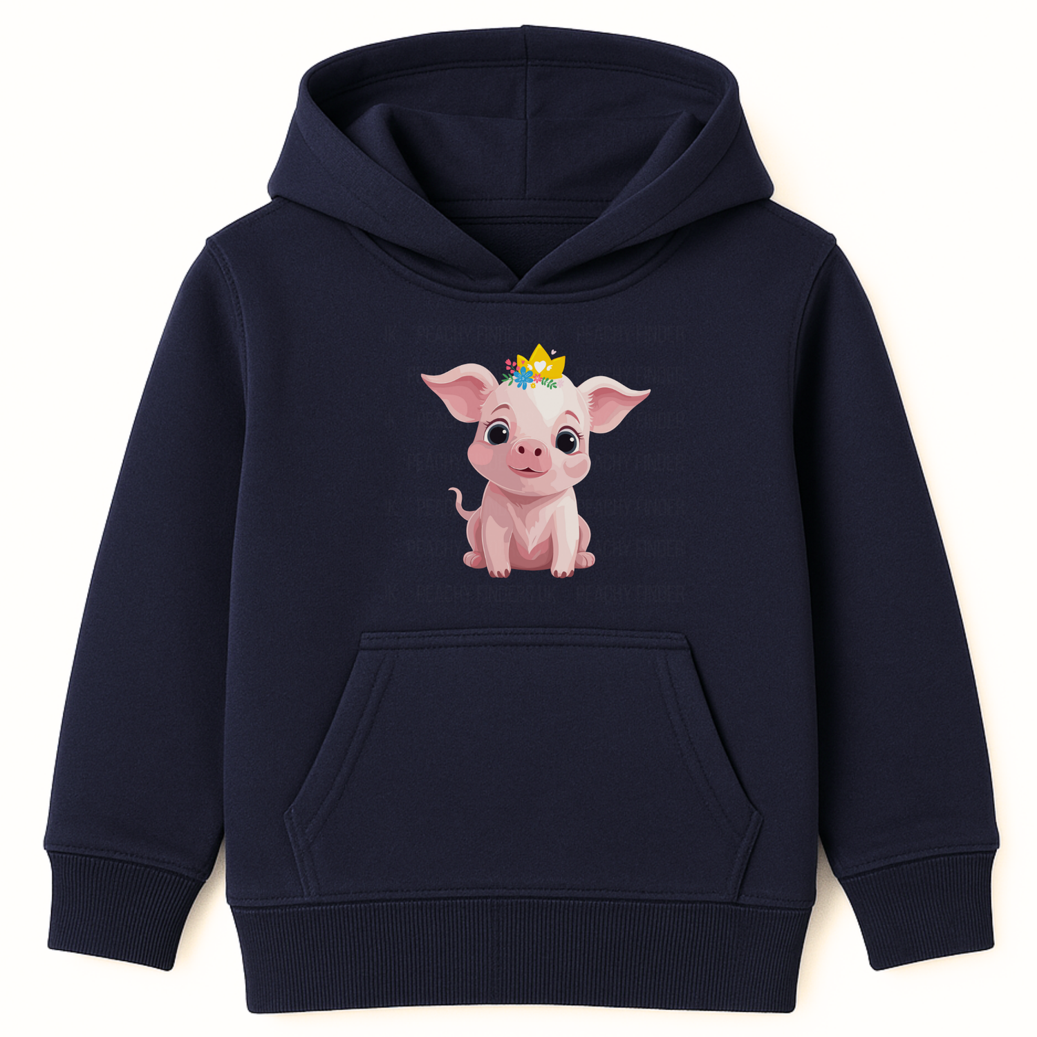 Girls navy pullover hoodie featuring a cute pink cartoon pig with a floral crown and golden tiara printed on the front, displayed on a white background.