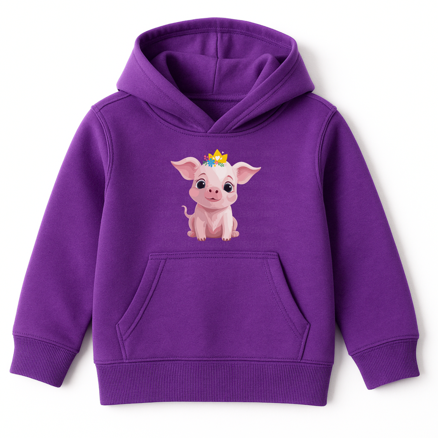 Purple girls hoodie featuring a cute cartoon pig with a floral crown and golden tiara printed on the front, displayed on a white background.