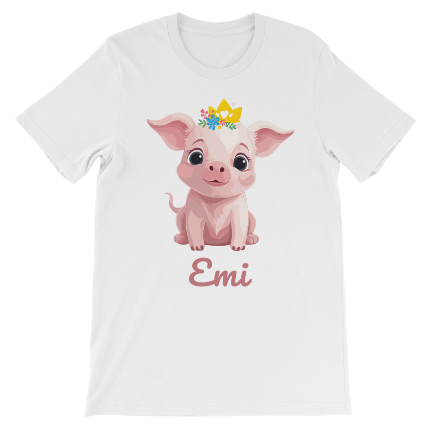 Girls white cotton t-shirt featuring a cute pink pig with a golden crown and flowers, along with the personalised name “Chloe” printed below the design.