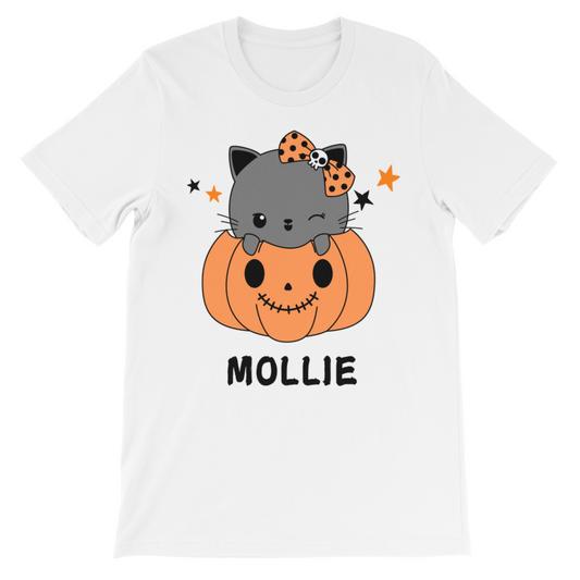Personalised Girls Halloween Cat T-Shirt – Pumpkin Kitty Name Tee (Ages 3–13)